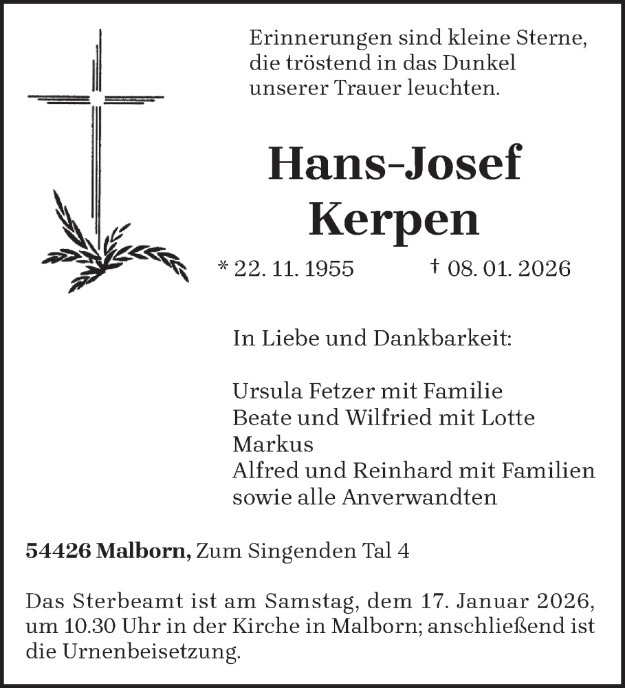  Traueranzeige für Hans-Josef Kerpen vom 14.01.2026 aus trierischer_volksfreund