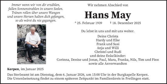 Traueranzeige von Hans May von trierischer_volksfreund