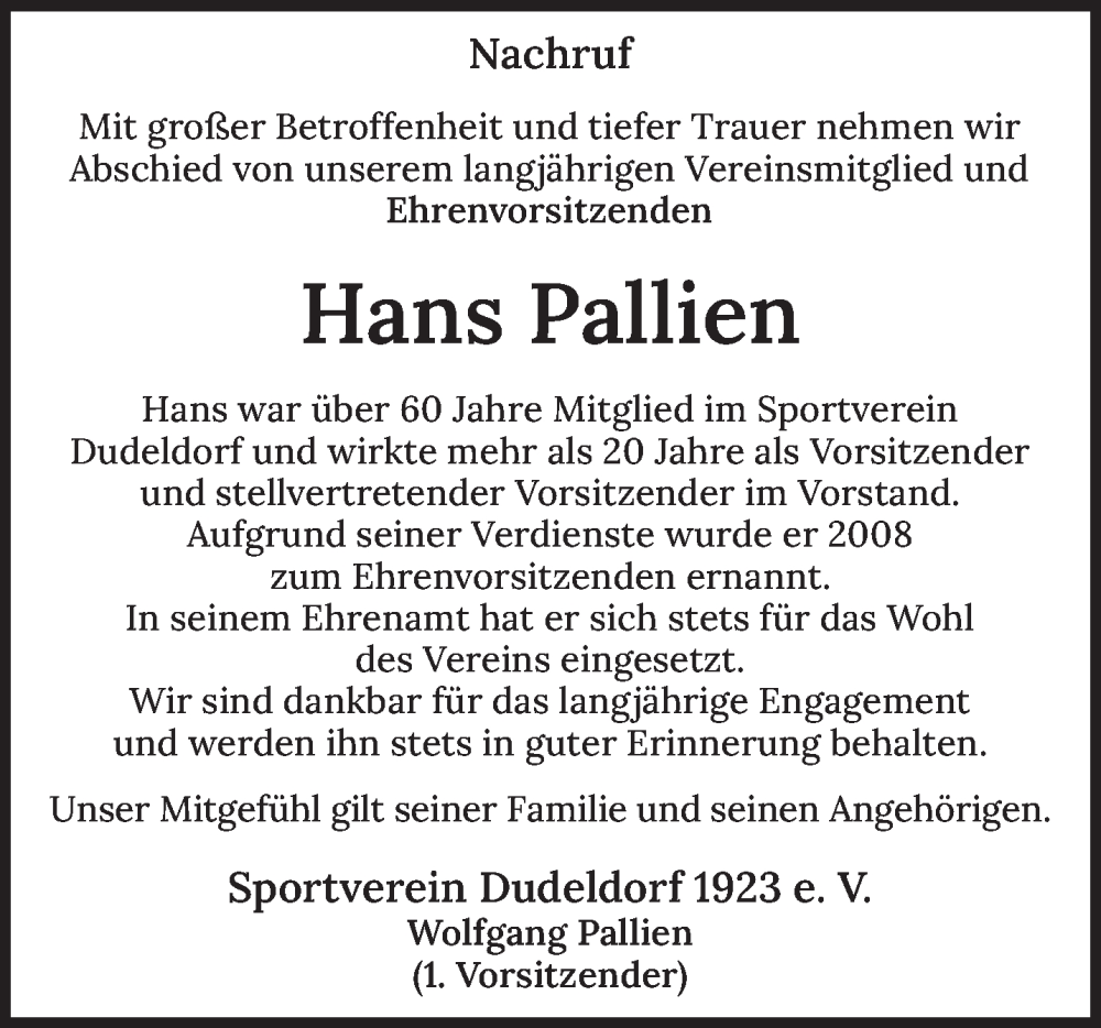  Traueranzeige für Hans Pallien vom 24.01.2026 aus trierischer_volksfreund