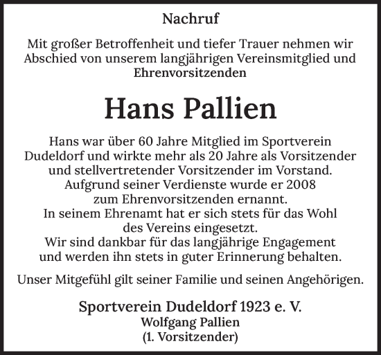 Traueranzeige von Hans Pallien von trierischer_volksfreund