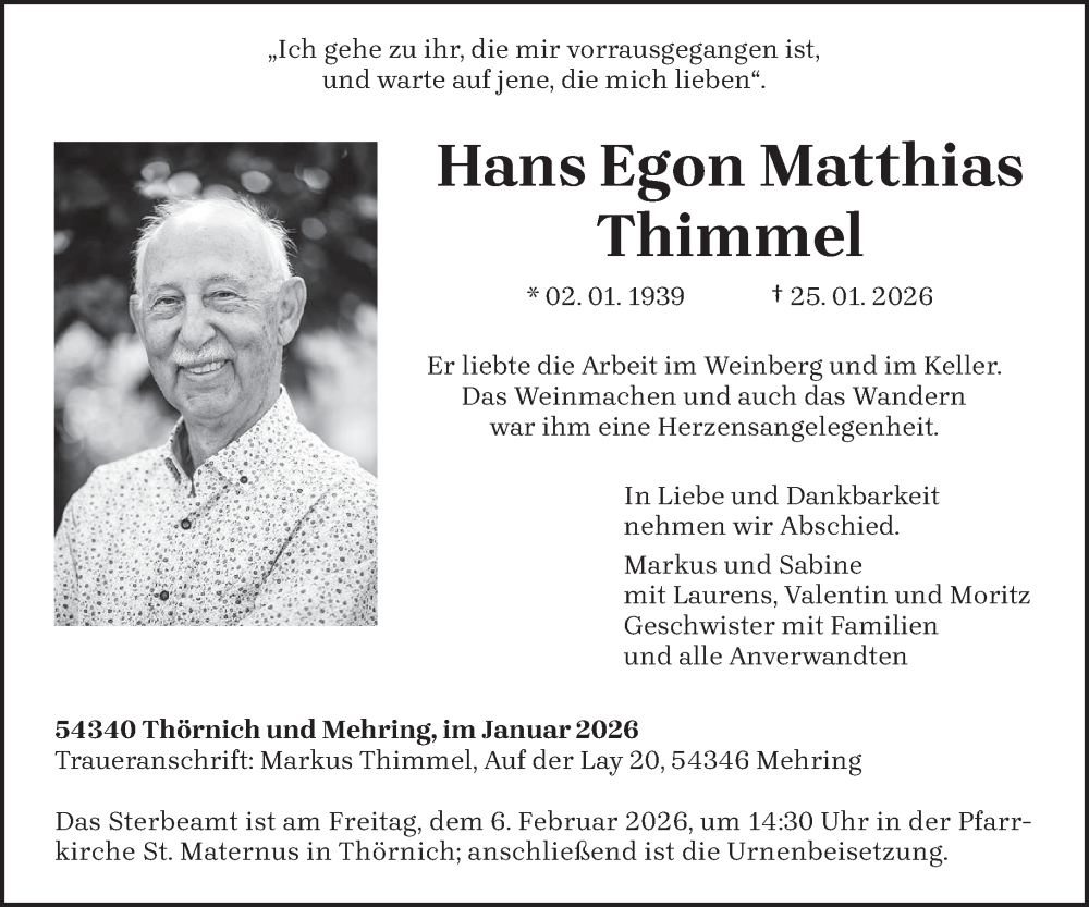  Traueranzeige für Hans Egon Matthias Thimmel vom 31.01.2026 aus trierischer_volksfreund