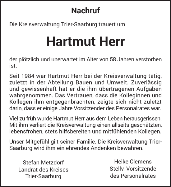 Traueranzeige von Hartmut Herr von trierischer_volksfreund