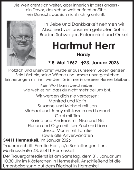 Traueranzeige von Hartmut Herr von trierischer_volksfreund
