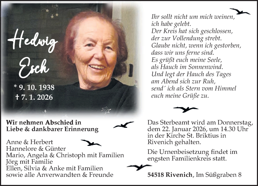  Traueranzeige für Hedwig Esch vom 17.01.2026 aus trierischer_volksfreund