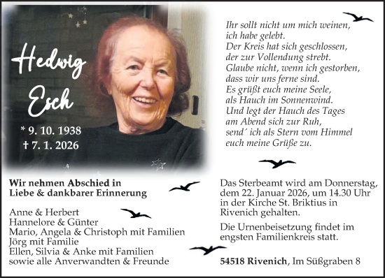 Traueranzeige von Hedwig Esch von trierischer_volksfreund