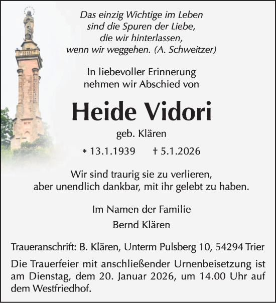 Traueranzeige von Heide Vidori von trierischer_volksfreund