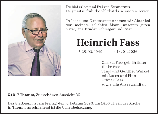 Traueranzeige von Heinrich Fass von trierischer_volksfreund