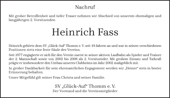 Traueranzeige von Heinrich Fass von trierischer_volksfreund