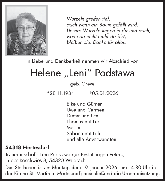 Traueranzeige von Helene Podstawa von trierischer_volksfreund