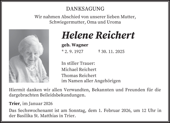 Traueranzeige von Helene Reichert von trierischer_volksfreund