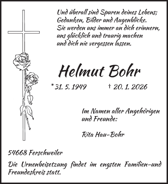 Traueranzeige von Helmut Bohr von trierischer_volksfreund