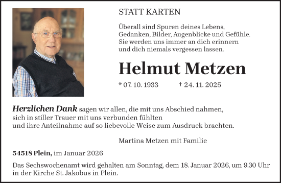 Traueranzeige von Helmut Metzen von trierischer_volksfreund