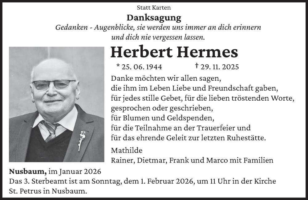  Traueranzeige für Herbert Hermes vom 28.01.2026 aus trierischer_volksfreund