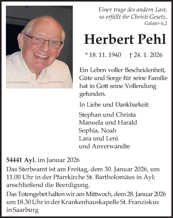 Traueranzeige von Herbert Pehl von trierischer_volksfreund