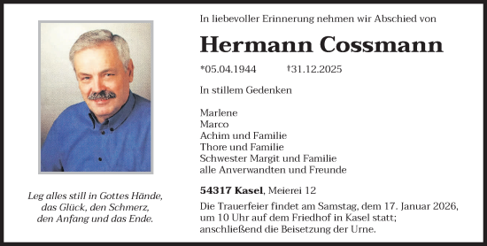 Traueranzeige von Hermann Cossmann von trierischer_volksfreund