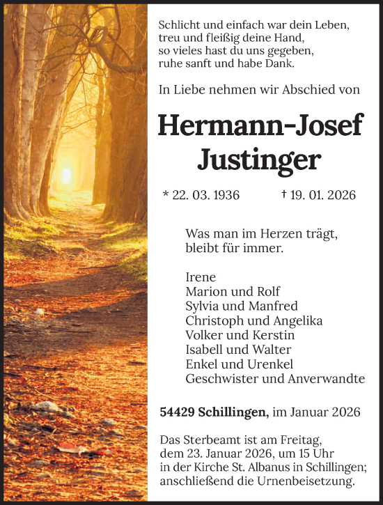 Traueranzeige von Hermann-Josef Justinger von trierischer_volksfreund