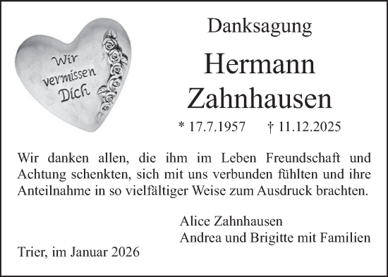 Traueranzeige von Hermann Zahnhausen von trierischer_volksfreund