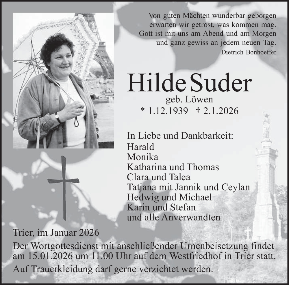  Traueranzeige für Hilde Suder vom 10.01.2026 aus trierischer_volksfreund