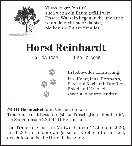 Traueranzeige von Horst Reinhardt von trierischer_volksfreund