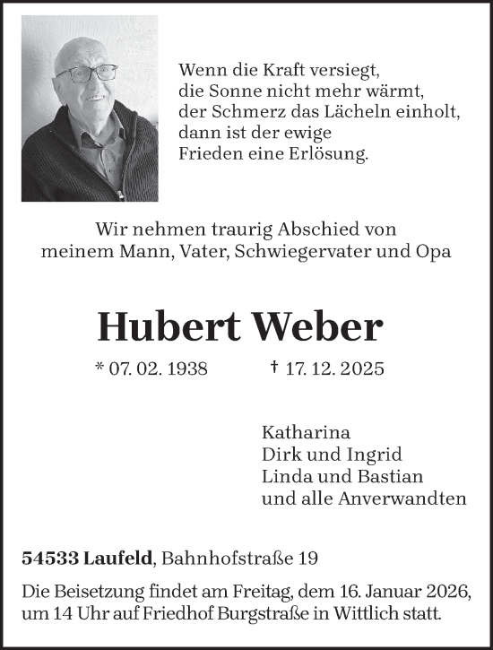 Traueranzeige von Hubert Weber von trierischer_volksfreund