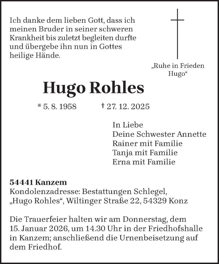  Traueranzeige für Hugo Rohles vom 10.01.2026 aus trierischer_volksfreund