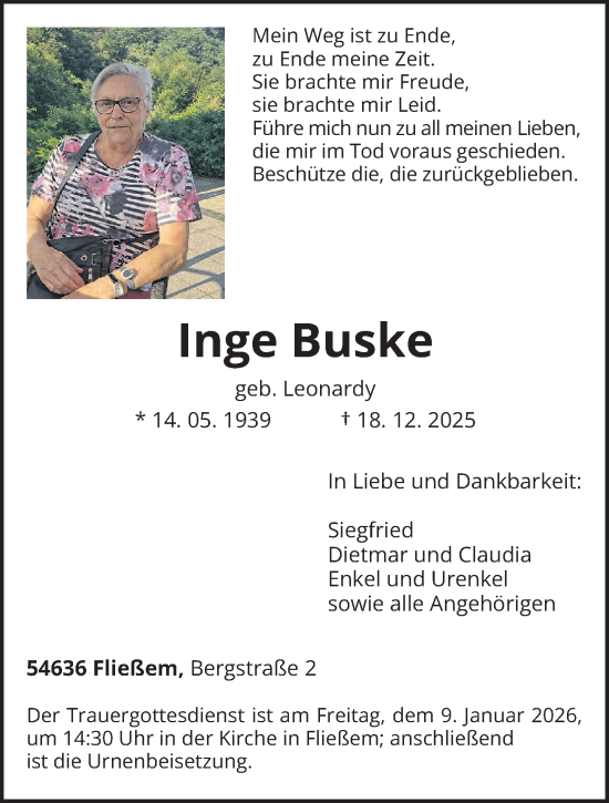 Traueranzeige von Inge Buske von trierischer_volksfreund
