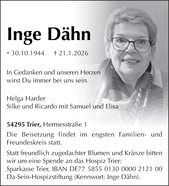Traueranzeige von Inge Dähn von trierischer_volksfreund
