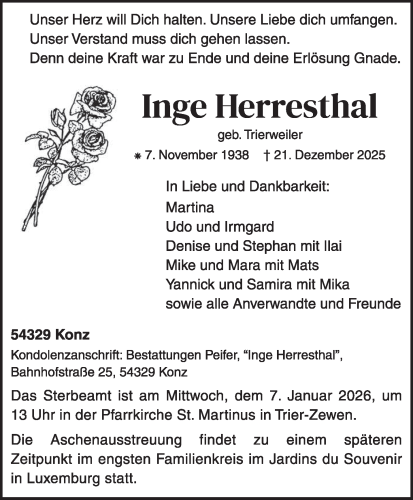  Traueranzeige für Inge Herresthal vom 03.01.2026 aus trierischer_volksfreund