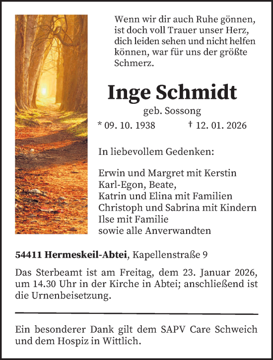 Traueranzeige von Inge Schmidt von trierischer_volksfreund