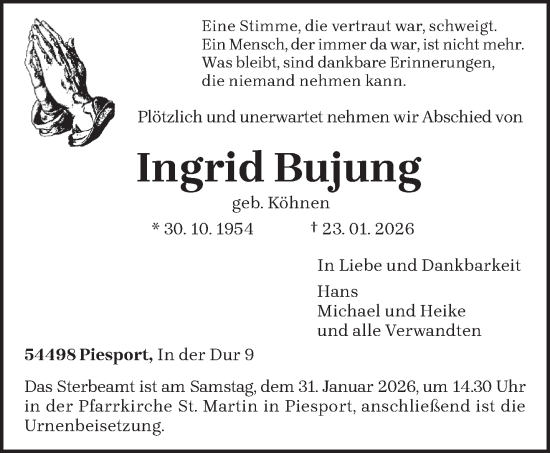 Traueranzeige von Ingrid Bujung von trierischer_volksfreund