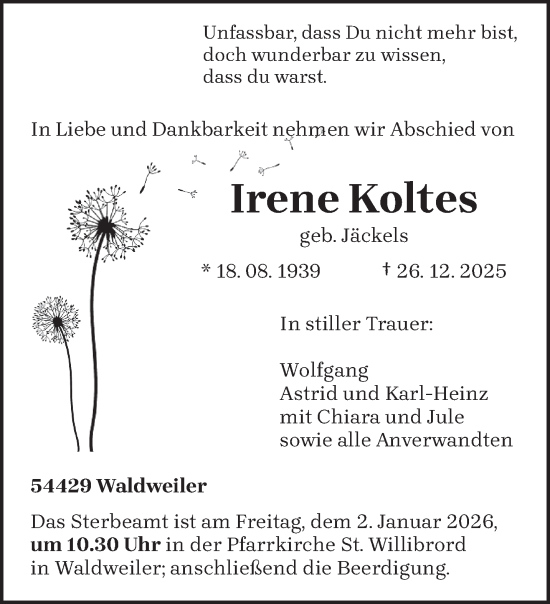 Traueranzeige von Irene Koltes von trierischer_volksfreund