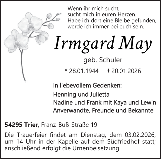 Traueranzeige von Irmgard May von trierischer_volksfreund