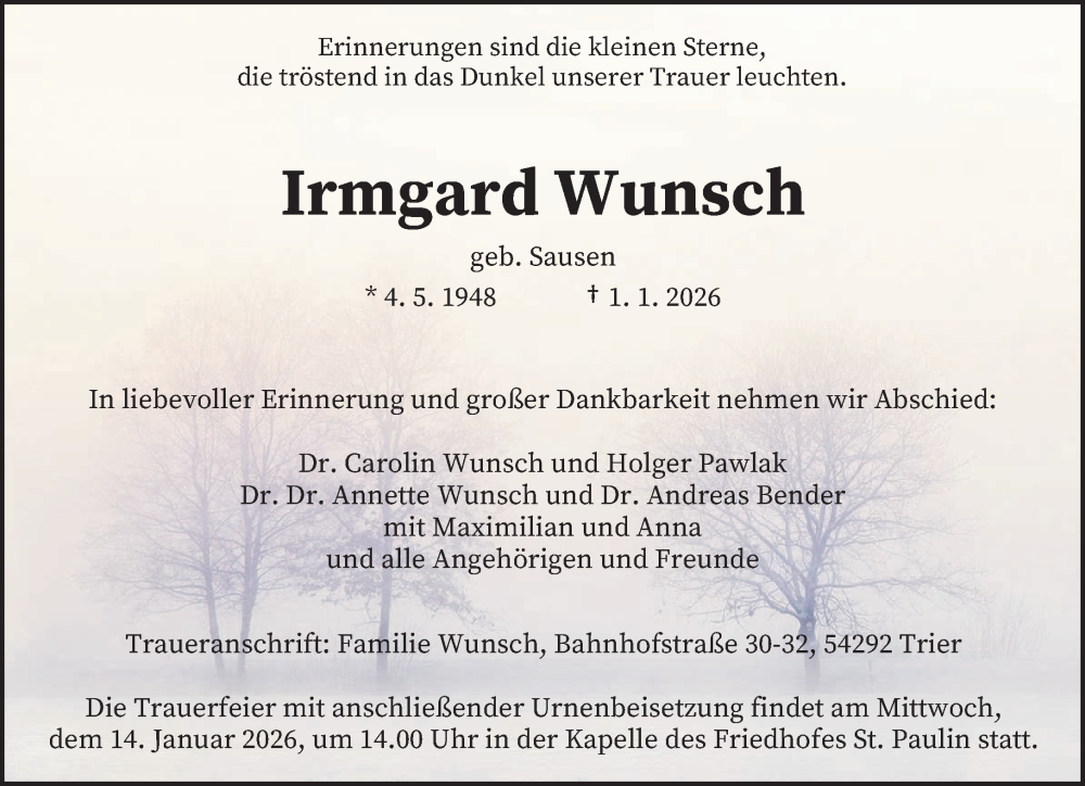  Traueranzeige für Irmgard Wunsch vom 10.01.2026 aus trierischer_volksfreund