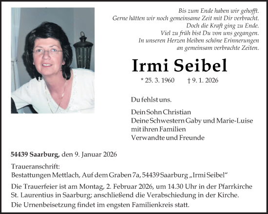 Traueranzeige von Irmi Seibel von trierischer_volksfreund