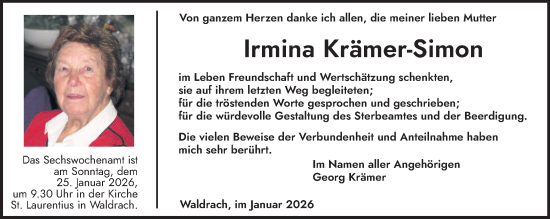 Traueranzeige von Irmina Krämer-Simon von trierischer_volksfreund