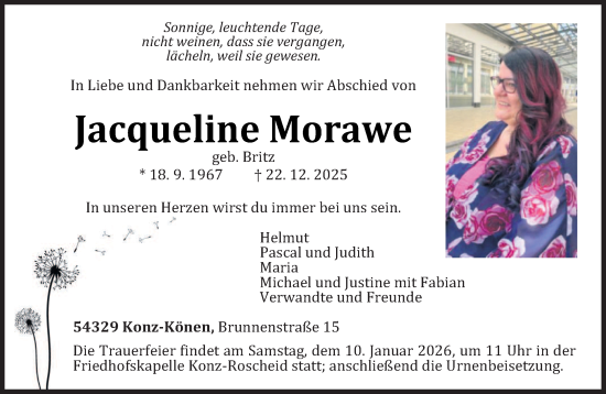 Traueranzeige von Jacqueline Morawe von trierischer_volksfreund