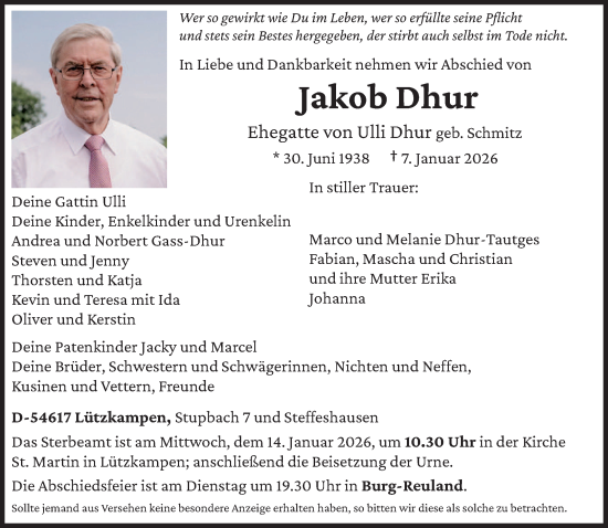 Traueranzeige von Jakob Dhur von trierischer_volksfreund