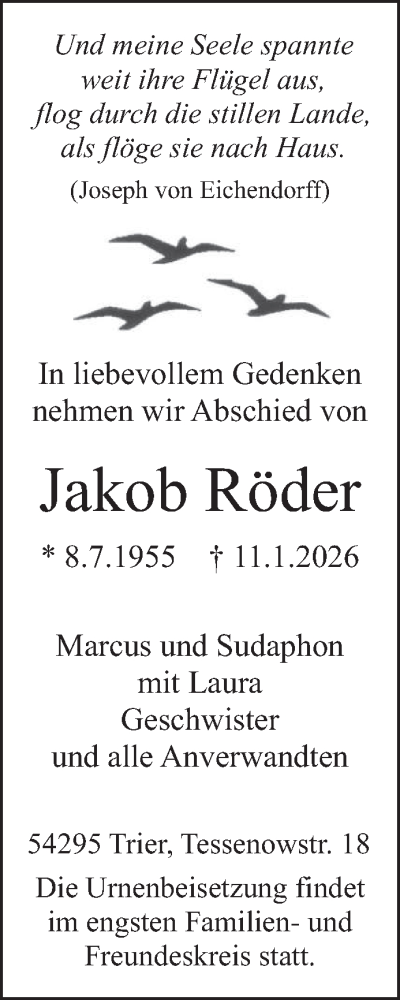 Traueranzeige von Jakob Röder von trierischer_volksfreund