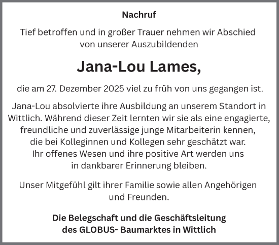 Traueranzeige von Jana-Lou Lames von trierischer_volksfreund