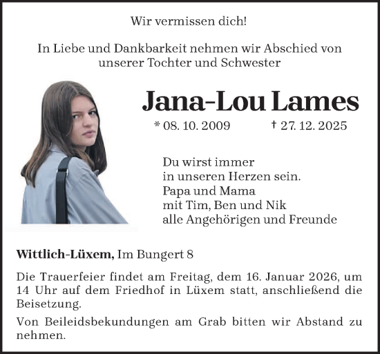 Traueranzeige von Jana-Lou Lames von trierischer_volksfreund