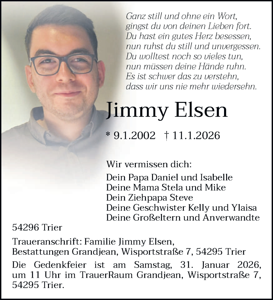  Traueranzeige für Jimmy Elsen vom 24.01.2026 aus trierischer_volksfreund