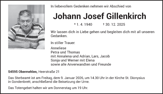 Traueranzeige von Johann Josef Gillenkirch von trierischer_volksfreund