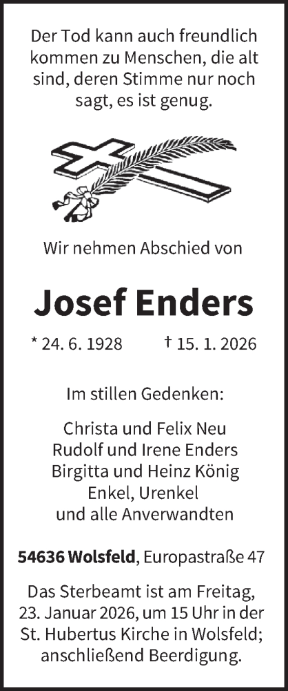Traueranzeige von Josef Enders von trierischer_volksfreund