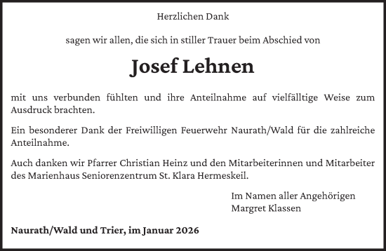 Traueranzeige von Josef Lehnen von trierischer_volksfreund