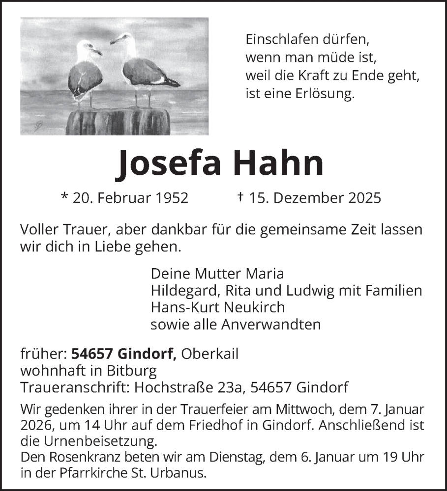  Traueranzeige für Josefa Hahn vom 03.01.2026 aus trierischer_volksfreund