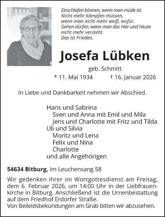 Traueranzeige von Josefa Lübken von trierischer_volksfreund