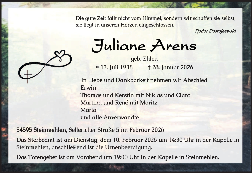  Traueranzeige für Juliane Arens vom 31.01.2026 aus trierischer_volksfreund