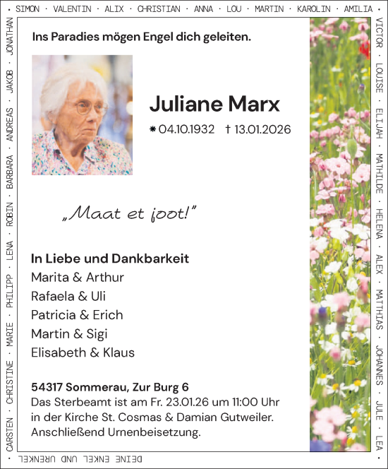 Traueranzeige von Juliane Marx von trierischer_volksfreund