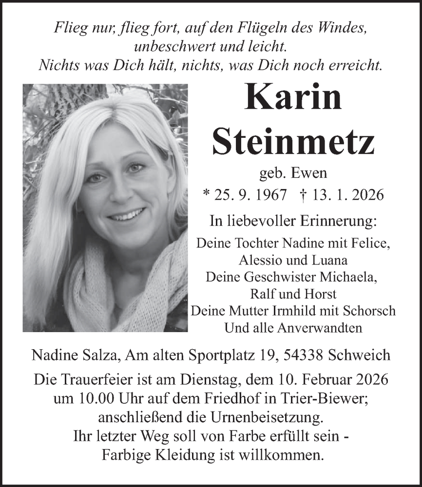  Traueranzeige für Karin Steinmetz vom 31.01.2026 aus trierischer_volksfreund
