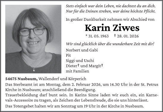 Traueranzeige von Karin Ziwes von trierischer_volksfreund